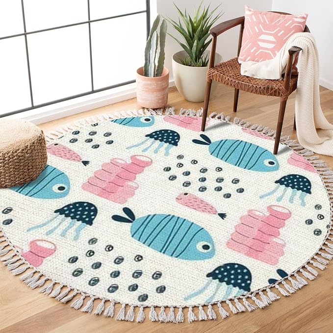 Ocean Beach Area Rugs Funny Fish Scandinavian Marine Animal Theme Round Boho Area Rug Linen Carpet Playmat Washable Hallway Runner Mat for Nursery Kid Room Bedroom Decoration Children Gift 4ft