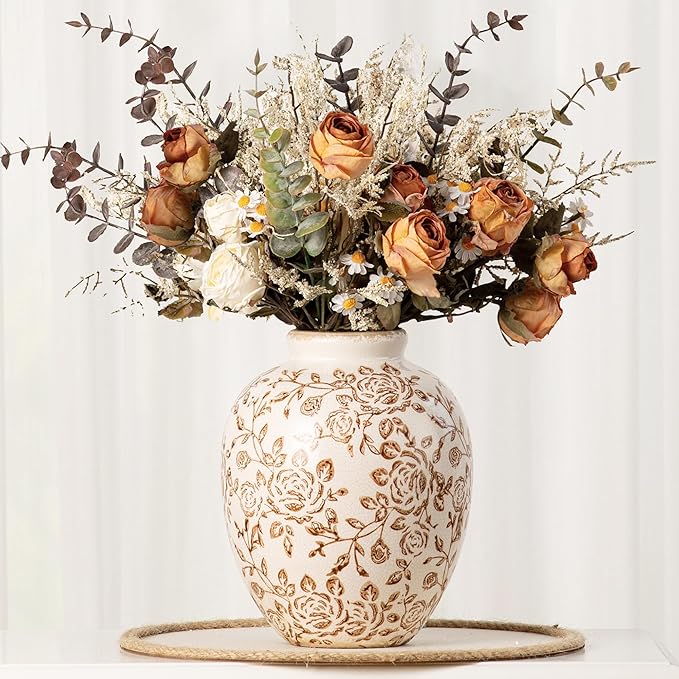 Ceramic Vintage Vase, Flower Decorative Vase Chinoiserie Decor Rustic Farmhouse Retro Floral Vases for Table Bookshelf Mantel Kitchen Living Room Office - 7.8inch Brown