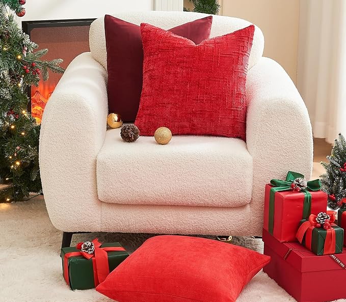 Christmas Burgundy Pillow Covers Set of 2 22x22 Inch Throw Pillow Covers, Soft Velvet Xmas Wine Red Decorative Pillow Covers for Couch Sofa Bed Living Room, Home Modern Decor