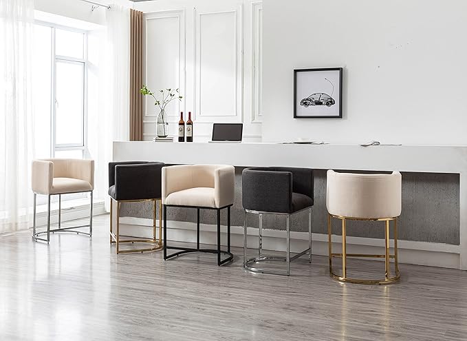 Modern Counter Height Linen Upholstered Bar Stools Set of 2, 24" Kitchen Counter Island Stools Bar Chairs with Gold Metal Frame for Kitchen Island, Charcoal