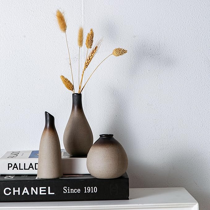 Rustic Ceramic Bud Vase Set of 11, Small Vases for Pampas Grass, Flowers, Modern Farmhouse for Home Decor, Vintage Decor, for Living Room, Dining Table & Shelves