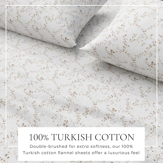 Great Bay Home Flannel Sheet Set King Size - 100% Turkish Cotton, Double-Brushed, Winter Floral Bed Sheets - Ultra-Soft, Cozy, 4-Piece Bedding Set (Winter Vines Tan)