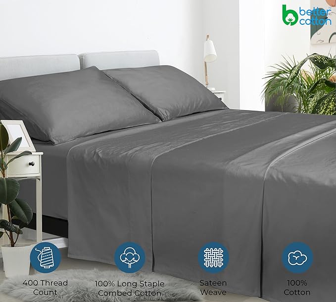 400 Thread Count 100% American Grown Cotton Grey Flat Sheet Only - Cooling Sheets - Luxury Sateen Weave - Queen Size Flat Sheet Sold Separately - Super Soft Cotton Top Sheets (Queen, Spanish Slate)