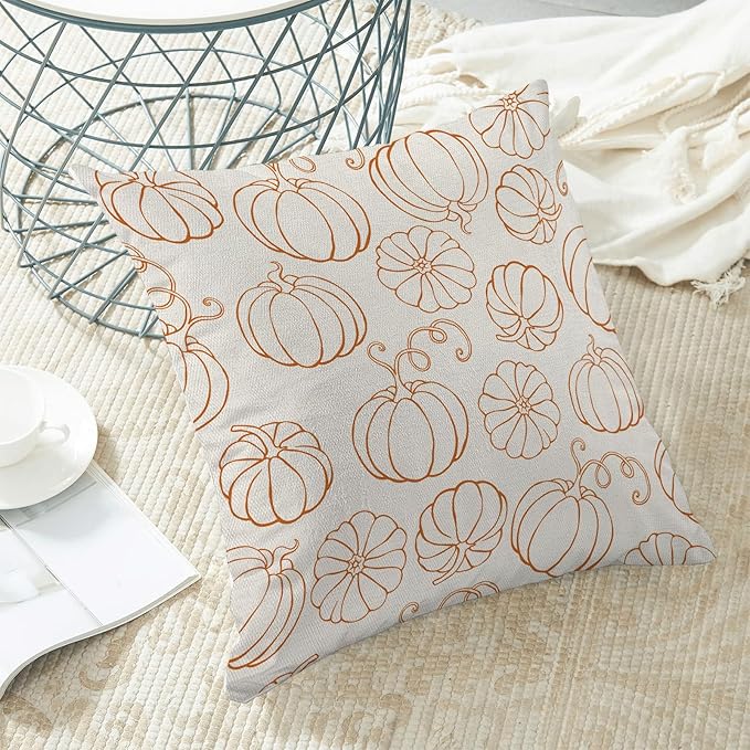 Fall Pillow Covers 18 x 18 Inch, Burnt Orange Pumpkin Decor Throw Pillows for Home Couch Bed, Autumn Harvest Thanksgiving Decorative Pillowcase Linen Cushion Cover Set of 2