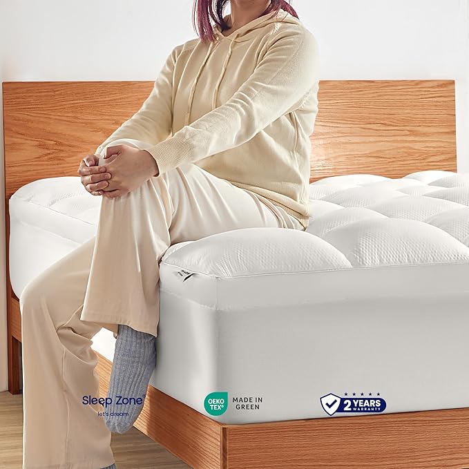 SLEEP ZONE Mattress Topper Queen Size, Extra Thick Fitted Mattress Pad for Back Pain, Plush and Support Mattress Cover, Deep Pockets Mattress Protector, Hotel Quality (White, Queen)