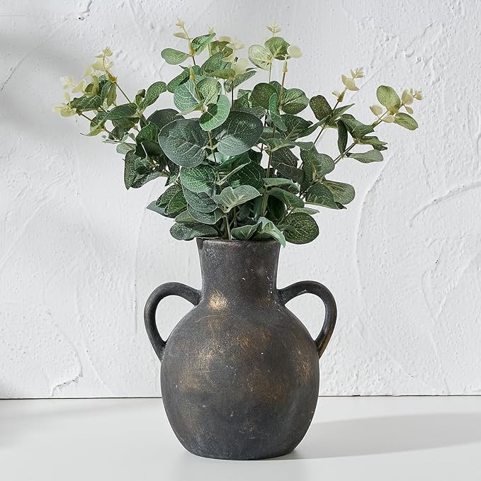 SIDUCAL Rustic Ceramic Farmhouse Flower Vase with 2 Handles, Terracotta Vase, Decorative Pottery Flower for Home Decor, Table, Wedding, Living Room, Shelf Decor, 7.3 Inch, Black Bronze