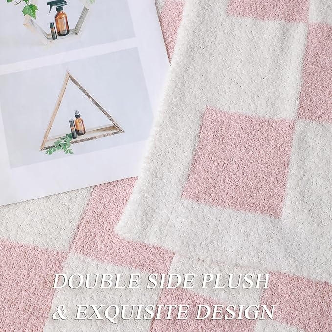 bearberry Fuzzy Checkerboard Grid Throw Blanket Soft Cozy Warm Microfiber Bed Blanket Decor for Couch Sofa Bed Travel Home (Pink, 60''x80'')