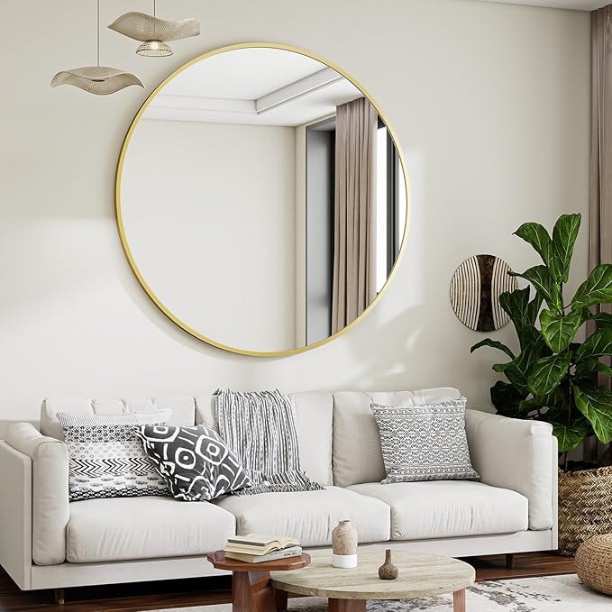 VooBang Black Round Bathroom Mirror, 42 inch Large Circle Wall Mounted Hanging Mirror with Simple Modern Circular Metal Frame for Hallway, Entryway, Living Room, Gold Frame