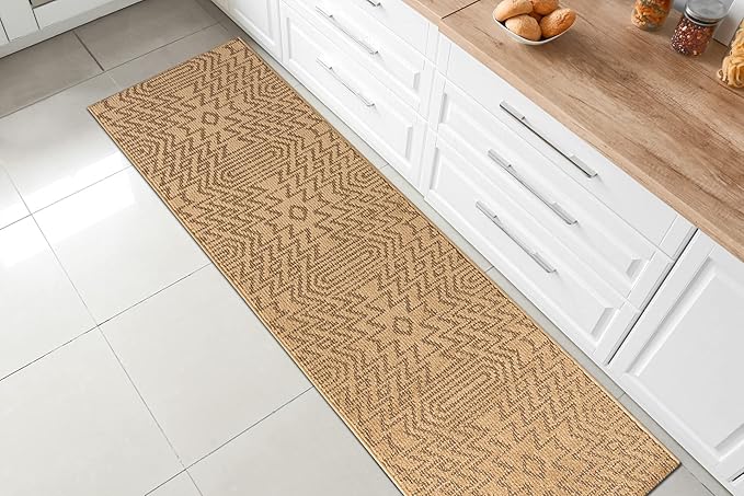 Custom Length Cut to Size Tribal Ethnic Southwestern Inspired Hallway Runner Rug, Non Slip Rubber Backed, 31 inch Wide X Customized Length, Inca Tan, 31 inch X 27 feet