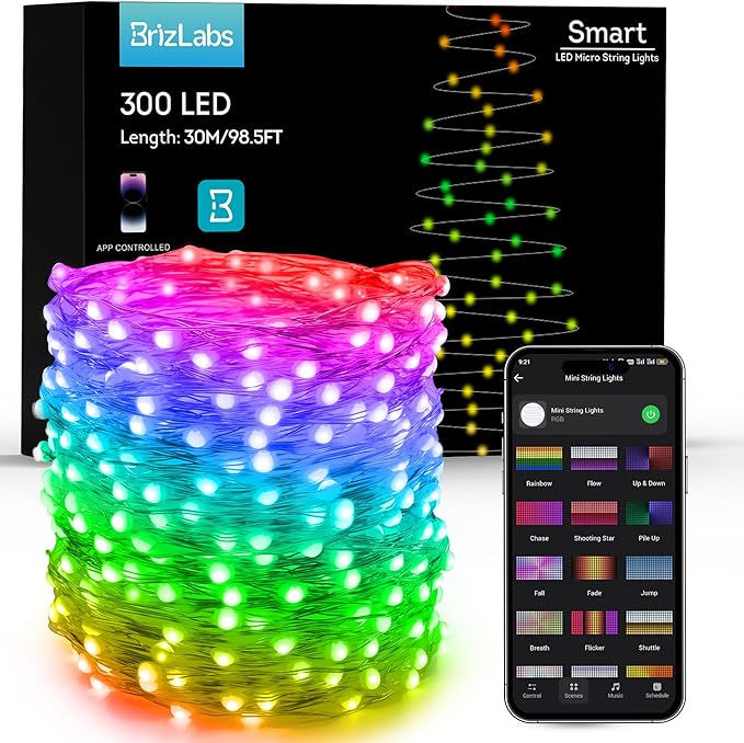 BrizLabs Smart Christmas Fairy Lights, 98ft 300 LED WiFi Christmas Fairy Lights Work with Alexa & Google Home, Rainbow Xmas Light Dimmable Xmas Decorative Lighting Music Sync for Home Holiday Party