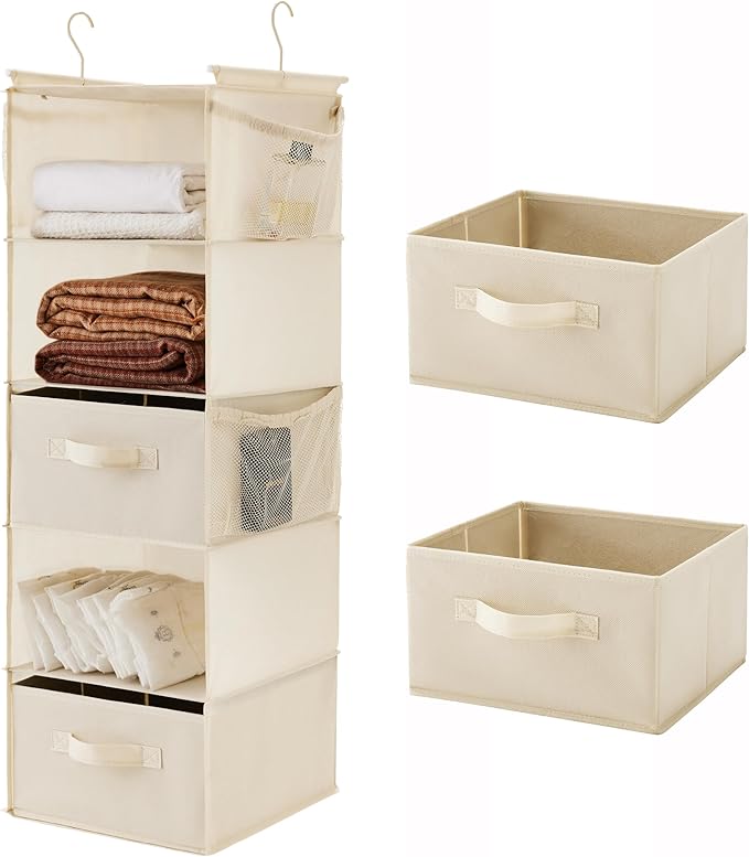 MAX Houser 5 Tier Shelf Hanging Closet Organizer, Cloth Hanging Shelf with 2 Sturdy Hooks for Storage, Foldable (Beige-D2)