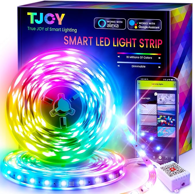 TJOY 50ft Smart Led Strip Lights for Bedroom, Alexa Led Light Strip,5050 RGB Color Changing Music Sync Led Lights Strip with App Remote,Multi-Color Wireless Led Lights for Bedroom (APP+Remote+Voice)