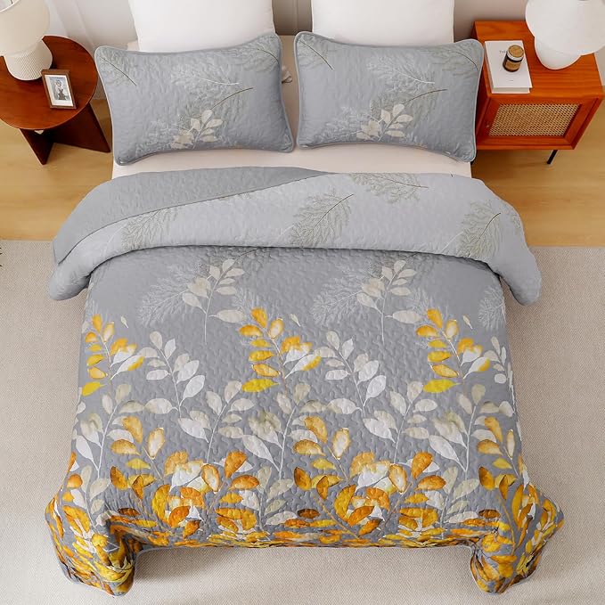 WONGS BEDDING Gold Quilt Set Queen Size, 3 Pieces Grey Gold Floral Bedspread Coverlet Set, Soft Microfiber Lightweight Floral Bedding Set Queen 96"×90"