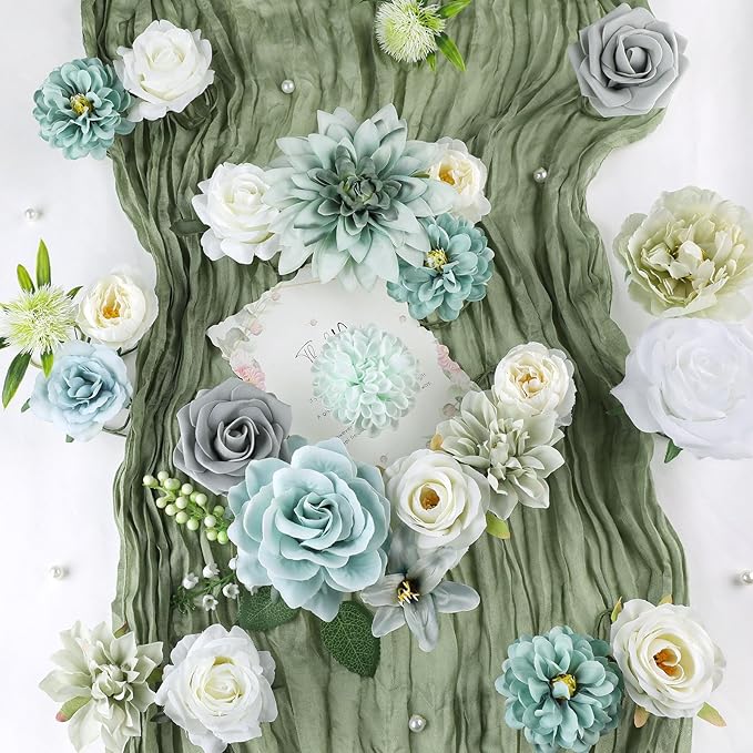 AmyHomie Teal Blue Artificial Flowers Combo Silk Mix Peony Rose Fake Flowers w/Stem for DIY Wedding Bouquets Centerpieces Arrangements Table Fall Decor Party Bridal Baby Shower Home Decorations