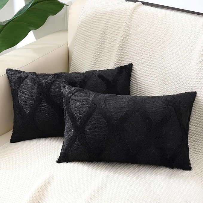 decorUhome Throw Pillow Covers 12x20 Inch Set of 2, Soft Plush Faux Fur Wool Lumbar Black Couch Pillow Covers, Decorative Neutral Pillow Cases for Bed Sofa Living Room Home Decor