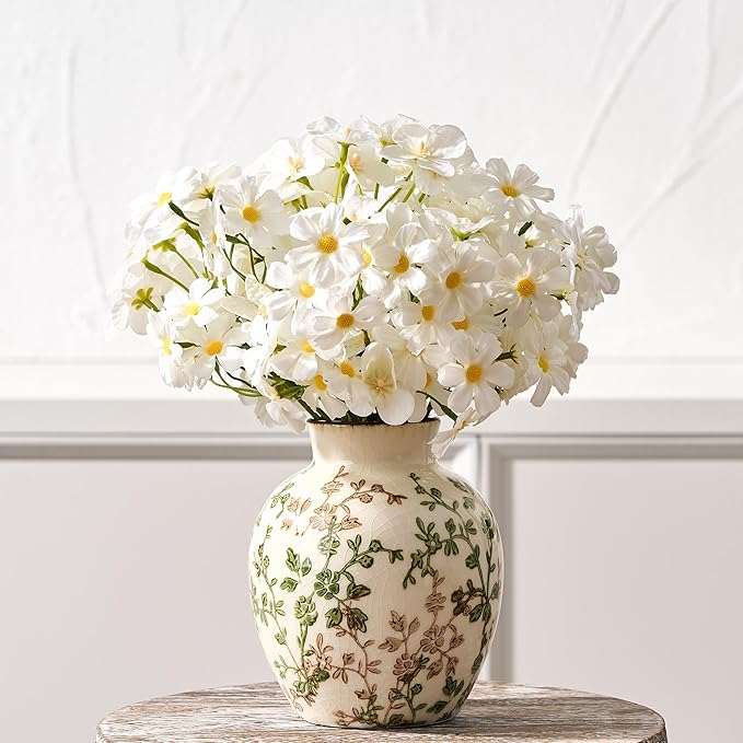 SIDUCAL Ceramic Green and Beige Antique Vase, 5.83 Inch Retro Ice Cracked Chinoiserie Floral Vase, Rustic Farmhouse Vases for Home Decor, Bookshelf, Office, Garden, Chinoiserie Decor, Tuscan Decor
