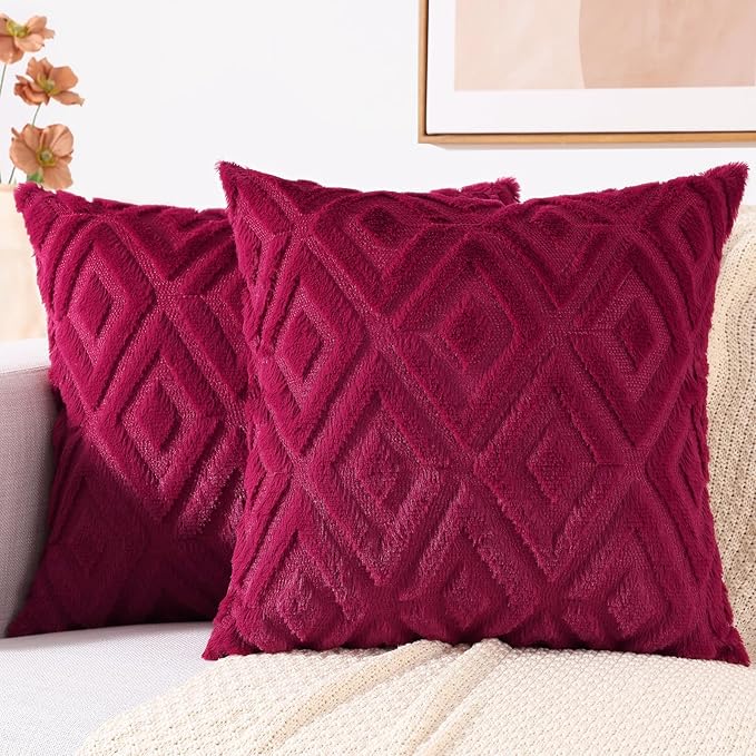decorUhome Christmas Couch Throw Pillow Covers 26x26 Set of 2, Decorative Soft Plush Faux Wool Neutral Accent Pillow Covers for Bed Sofa Living Room, Burgundy