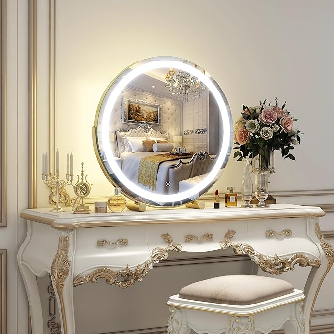 Gold Vanity Mirror, 18 Inch Lighted Makeup Mirror with Smart Touch 3 Colors Dimmable, Tabletop, 360 Rotation