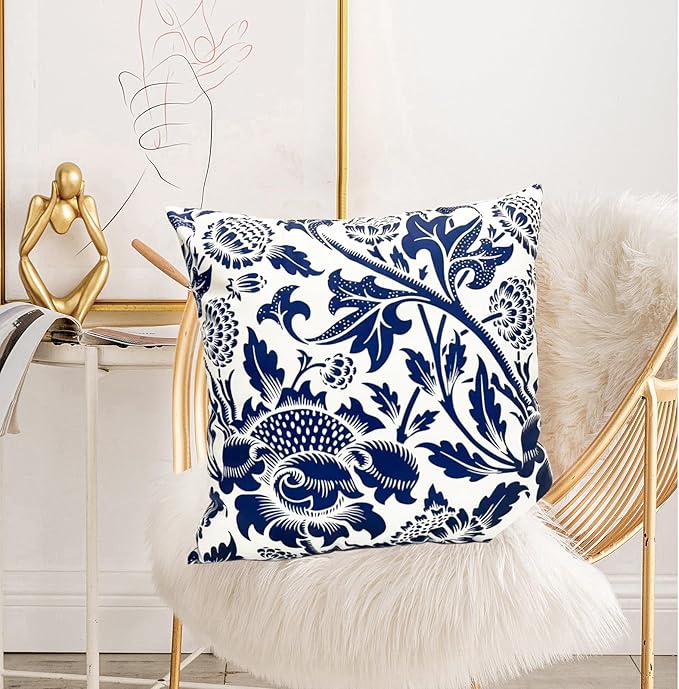 Decorative Throw Pillow Covers Set of 2 Blue Pillow Covers 18x18 inch Short Plush Square Pillows Cover Floral Throw Pillows,Farmhouse Outdoor Pillow Covers for Couch Sofa Bed Living Room