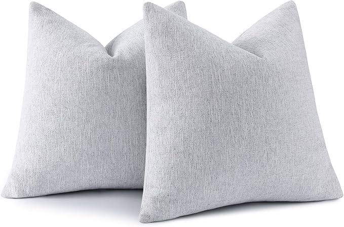 decorUhome Chenille Decorative Throw Pillow Covers 20x20 Set of 2, Farmhouse Textured Square Neutral Solid Accent Pillow Covers for Couch Sofa Bed Living Room Home Decor, Grey White