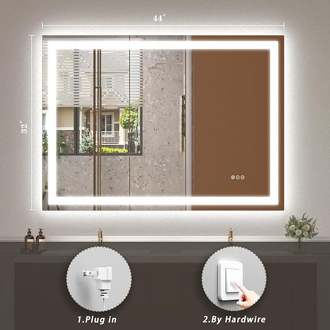 LED Lighted Bathroom Mirror 44x32, Dimmable Vanity Mirror with Lights, Anti-Fog, ETL Listed (Backlit and Front Lighted)