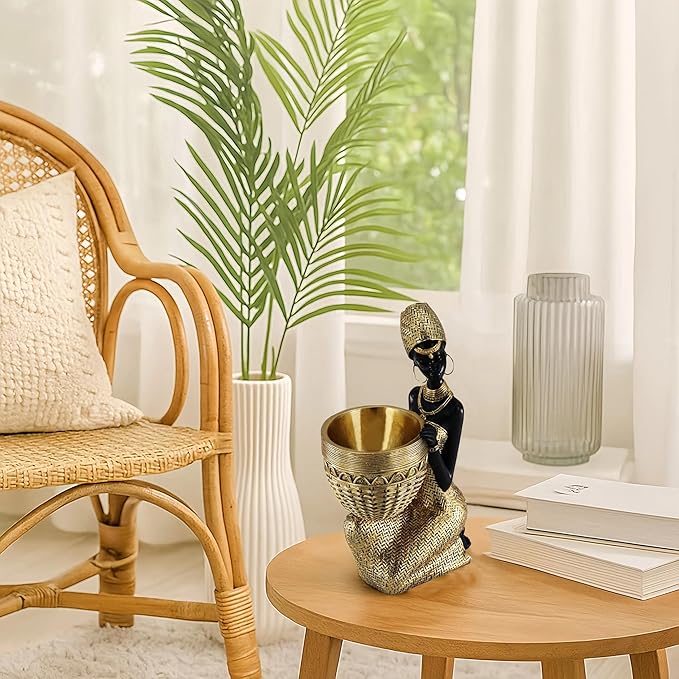 African Resin Woman Statue with Bowl – Golden Kneeling Tribal Figurine for Home Decor, Candy Dish, Jewelry Holder, Boho Shelf Accent
