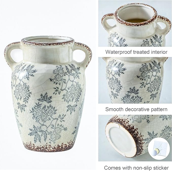 Enra Vintage vase with Handle,9.4 inch Blue and White Ceramic Decorative Flower vase, Chinoiserie Floral Vase,Large Rustic Vases for Home Decors, Living Room, Bookshelf, Office