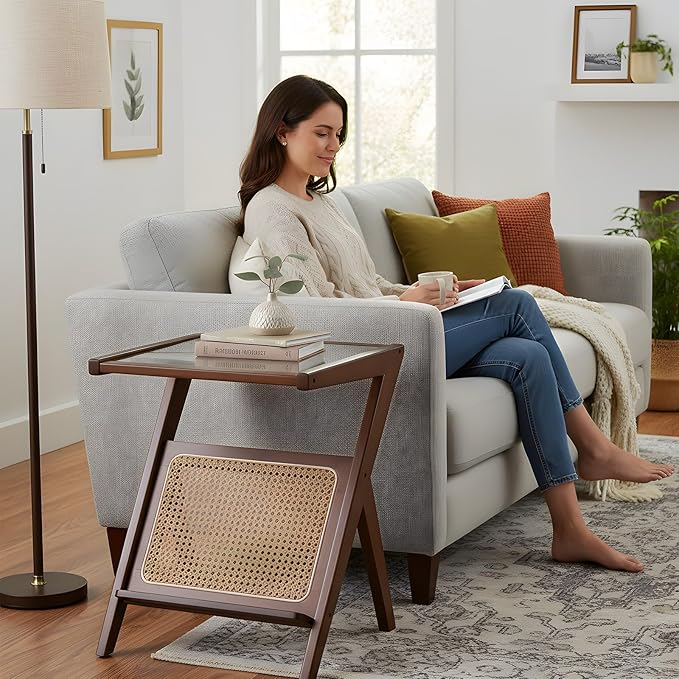Tiita 2 Pack Rattan Side Table, Mid Century Nightstand, Bamboo Accent Bedside Tables, Glass Coffee Tables, Boho Wooden End Table with Storage for Small Space, Living Room and Bedroom