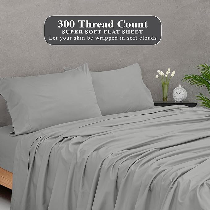 Royale Linens 300 Thread Count 100% Long Staple Combed Cotton Flat Sheet - Super Soft - Top Sheets - Twin Flat Sheet Sold Separately - Breathable, Cool & Crisp Percale Sheets Only (Twin, Silver)