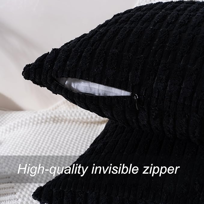 Corduroy Decorative Throw Pillow Covers 12x20 Inch Set of 2, Soft Striped Boho Couch Pillow Covers Modern Farmhouse Home Decor for Sofa Living Room Bed Neutral Black