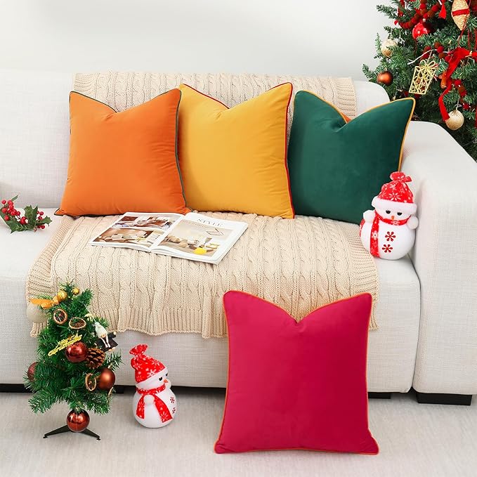 Mecatny Set of 4 Velvet Christmas Throw Pillow Covers 18x18, Soft Colorful Accent Decorative Couch Pillow Covers for Sofa Bedroom Living Room, Green/Red