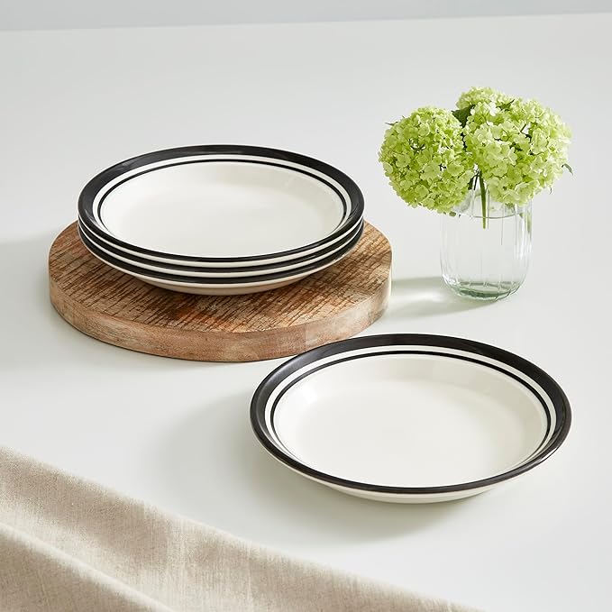 Portmeirion Potter's Striped Dinner Plate (Set of 4) - 8-Inch Stackable Earthenware Plates - Microwave & Dishwasher Safe, Handcrafted Dinnerware for Casual & Formal Table Settings (Black Stripe)