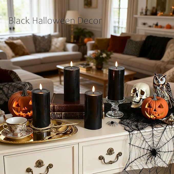 4 Packs Flameless Candles, Black Battery Operated Candles, Black Halloween LED Candles, Real Wax Flickering Candlelights with Remote for Home Fall Halloween Christmas Party Candelabra