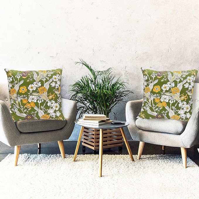 Decorative Throw Pillow Covers Set of 2 Green Pillow Covers 20x20 inch Soft Short Plush Square Freesia Floral Throw Pillows,Farmhouse Outdoor Pillow Covers for Couch Sofa Bed Living Room