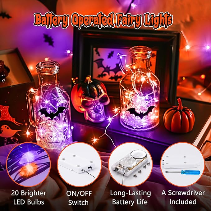Brightown 12 Pack Purple Orange Fairy Lights Battery Operated String Lights - 7ft 20 LED Waterproof Short Micro Firefly Light for Halloween Decor, Pumpkin DIY Craft, Paper Lantern Decoration