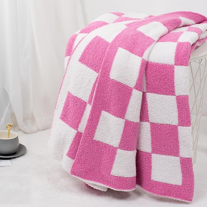 Carriediosa Checkered Throw Blanket 50" X 60", 400GSM Ultra Soft Microfiber Fuzzy Fluffy Reversible Cute Preppy Knitted Blankets Cozy Plush Fall Throws for Couch, Bed, Sofa, Hot Pink