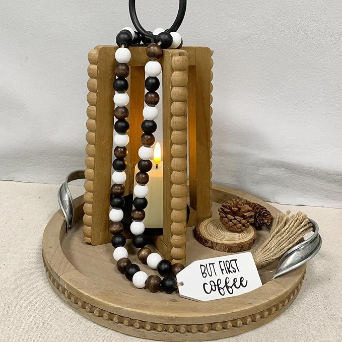 40" Handmade Farmhouse Bead Garland Wood with Tassel, Boho Chic Decorative String Beads Home Decor, Table Tiered Tray Country Wooden Accents (Mocha Mornings: But First, Coffee, 0.63" Diameter)