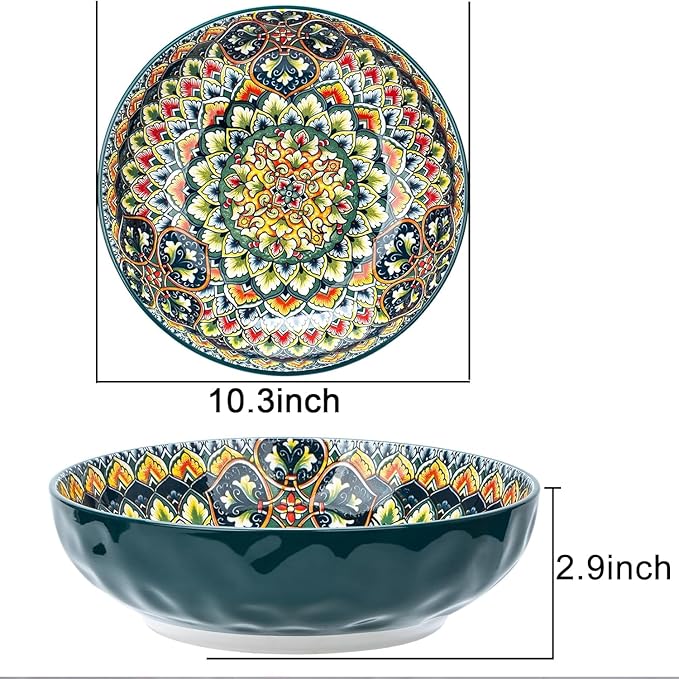 Large Serving Bowls, 75 Oz Fruit Salad Bowls, Bohemian Style Large Porcelain Dishes for Entertaining Parties,Big Bowls for Eating Soup, Salad, Pasta, Fruit, Chips, 10.3 Inch Diameter (green)