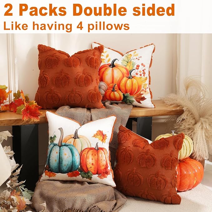 TOYPOPOR Fall Decorations, 2 Packs Double Sided Throw Pillow Covers, Rust Red Soft Faux Fur Pumpkin Pillow Cases Autumn Harvest Thanksgiving Indoor Outdoor Home Decor for Living Room Porch Couch 20x20