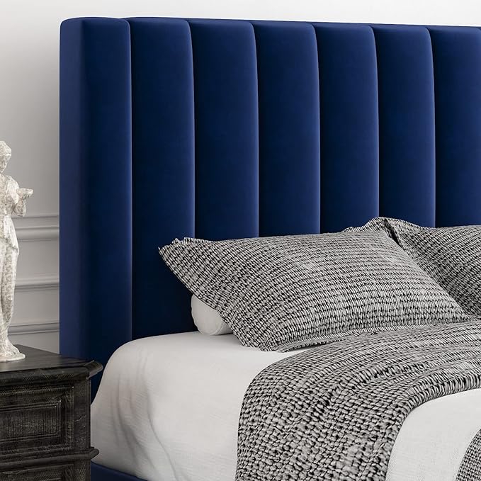 Allewie Full Platform Bed Frame/Velvet Upholstered Bed Frame with Vertical Channel Tufted Headboard/Strong Wooden Slats/Mattress Foundation/Box Spring Optional/Easy Assembly/Navy Blue