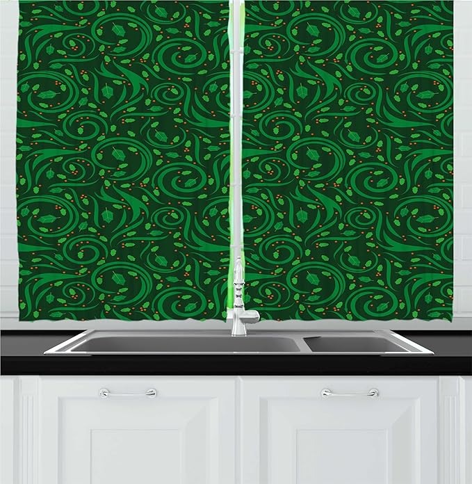 Lunarable Nature Kitchen Curtains, Botanical Swirls Leaf Details and Dot Shaped Berries, Window Drapes 2 Panel Set for Kitchen Cafe Decor, 55" x 24", Green Dark Green