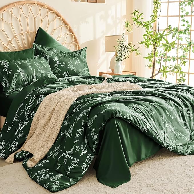 MUXHOMO Dark Green Twin Comforter Set, Elegant Floral Print Bed in a Bag 5 Pieces, Ultra Soft & Breathable Reversible Botanical Pattern Bedding Set with Comforter, Sheets, Pillowcase, and Sham