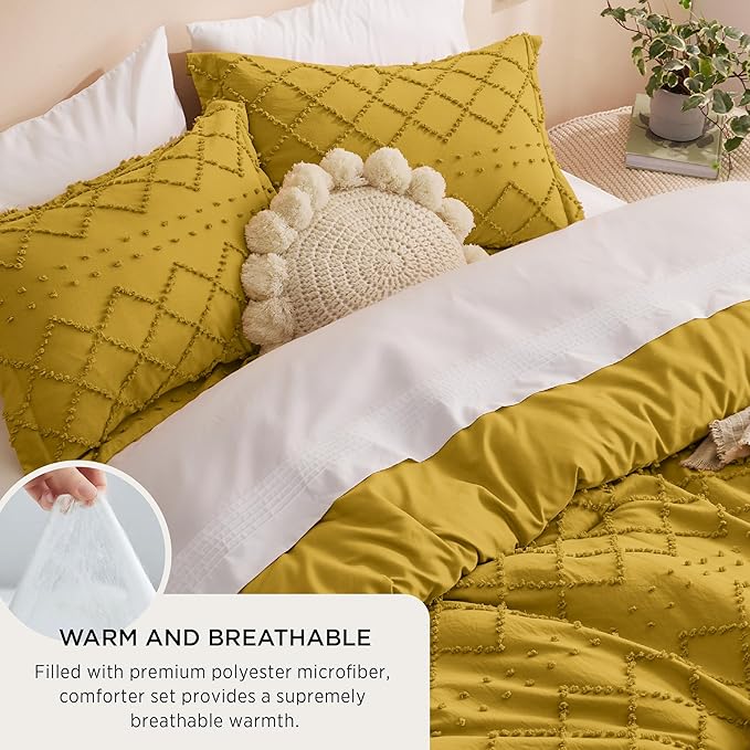 Bedsure Queen Comforter Set - Mustard Yellow Comforter, Boho Tufted Shabby Chic Bedding for Kids, 3 Pieces Vintage Farmhouse Bed Set for All Seasons, Fluffy Soft Bedding with 2 Pillow Shams