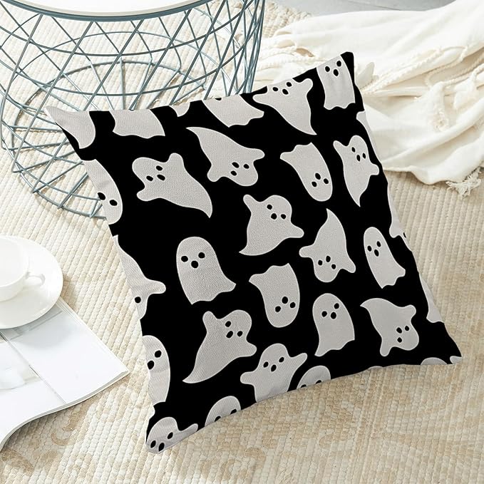 Halloween Pillow Covers 16 x 16 Inch, Black and Cream Ghost Decor Throw Pillows for Couch Bed, Halloween Outdoor Farmhouse Decorative Pillowcase Linen Cushion Cover Set of 2