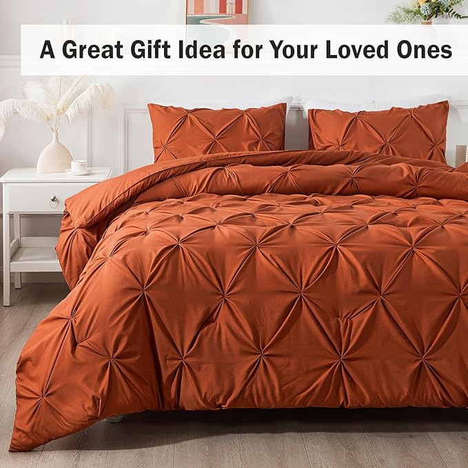 Andency Burnt Orange Terracotta King Size Comforter Set, 3 Pieces Pinch Pleat All Season Bedding Set, Soft Lightweight Microfiber Down Alternative Comforter Bed Set