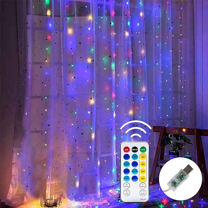 Dazzle Bright Window Curtain String Lights, 300 LED 9.8ft x 9.8ft Multicolor Fairy Lights with 8 Lighting Modes, Waterproof Lights for Bedroom Party Wedding Home Garden Wall Decor