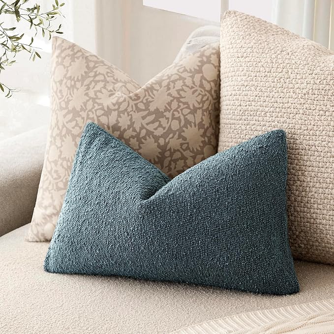 Foindtower Decorative Textured Boucle Throw Pillow Covers Accent Solid Lumbar Pillow Cases Neutral Soft Couch Cushion Case for Chair Sofa Bedroom Living Room Home Decor 12x20 Inch,1PC,Misty Blue