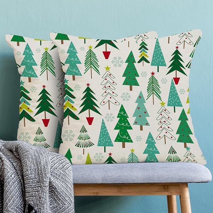 Christmas Pillow Covers 16 x 16 Inch, Colorful Sage Green Teal Christmas Tree Decor Throw Pillows for Home Couch Bed, Winter Xmas Snowflake Decorative Pillowcase Linen Cushion Cover Set of 2