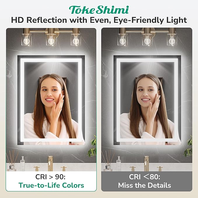 TokeShimi 40x24 LED Mirror for Bathroom,Anti-Fog LED Bathroom Vanity Mirror with Lights 3 Colors Dimmable,Backlit + Front lit,Tempered Glass,Waterproof,Shatterproof,UL Listed,Memory Function