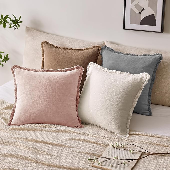 Woaboy Set of 2 Decorative Linen Fringe Throw Pillow Covers Boho Farmhouse Cushion Covers Accent Pillowcases with Tassels for Living Room Couch Sofa Bed Chair,18x18 Inch,Light Pink